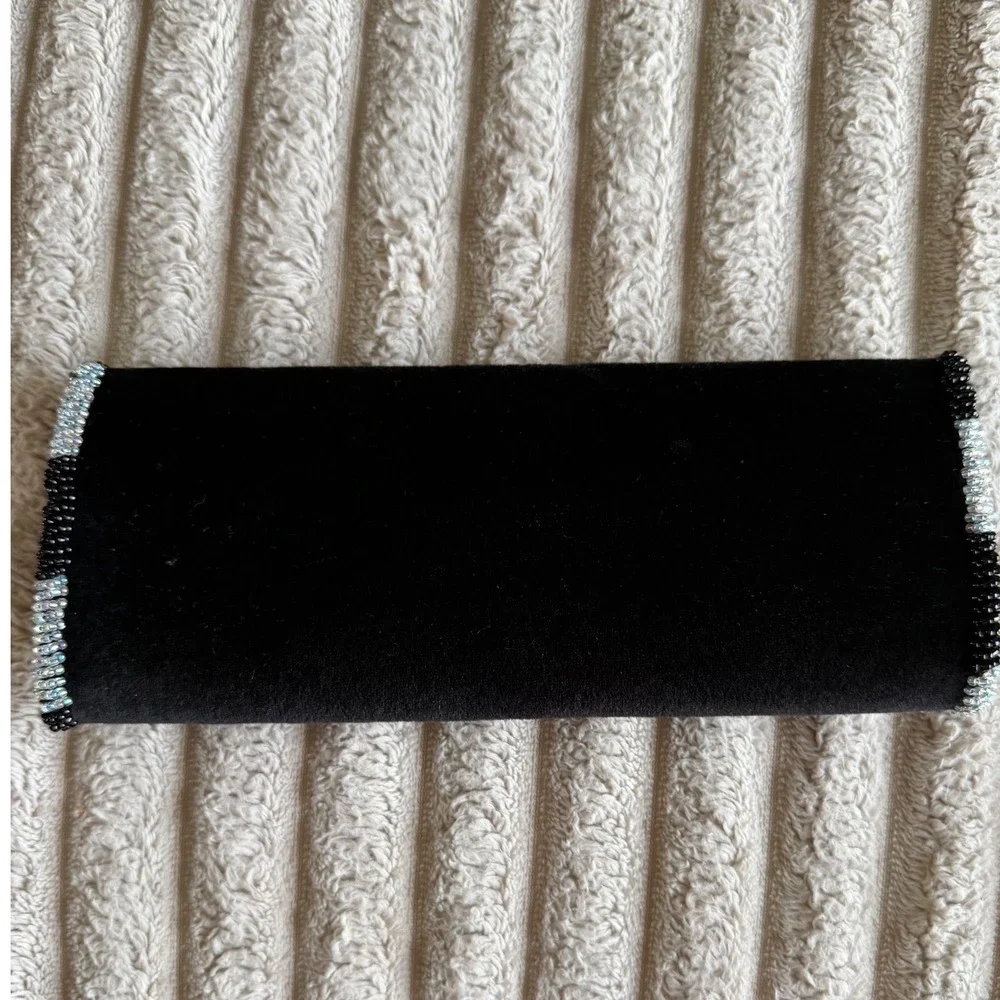 Vintage Black Velvet Beaded‎ Clutch Rhinestone Medallion Evening Bag Baguette
